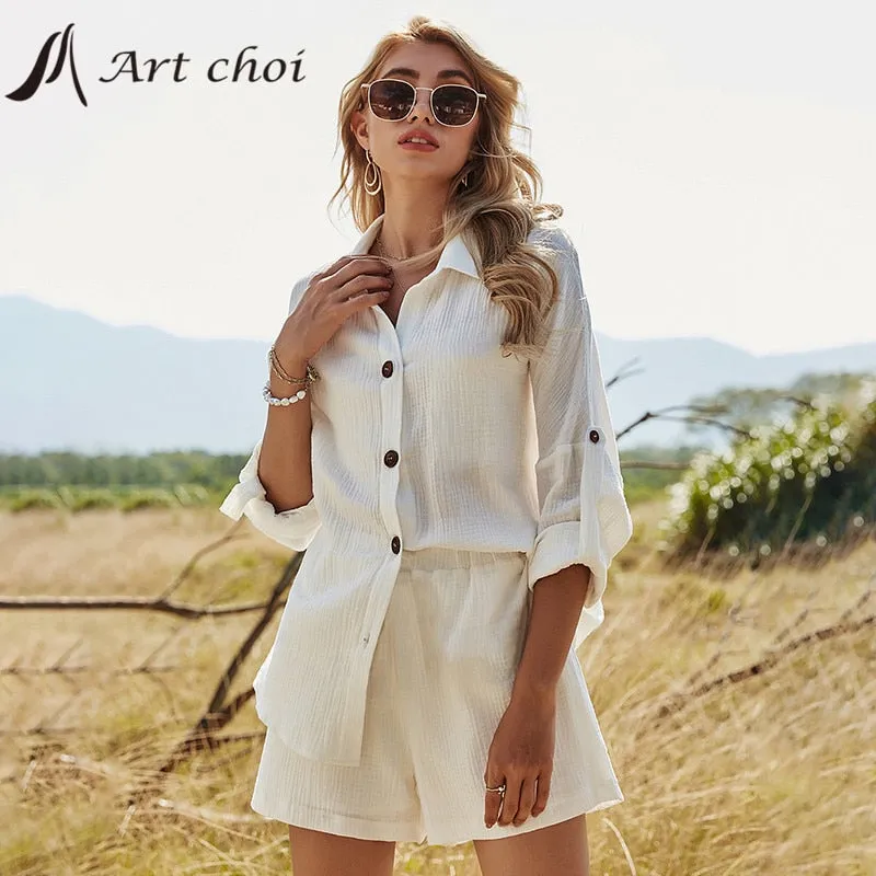 Linen Two-Piece Casual Suit with Long Sleeve Shirt & Shorts for Women