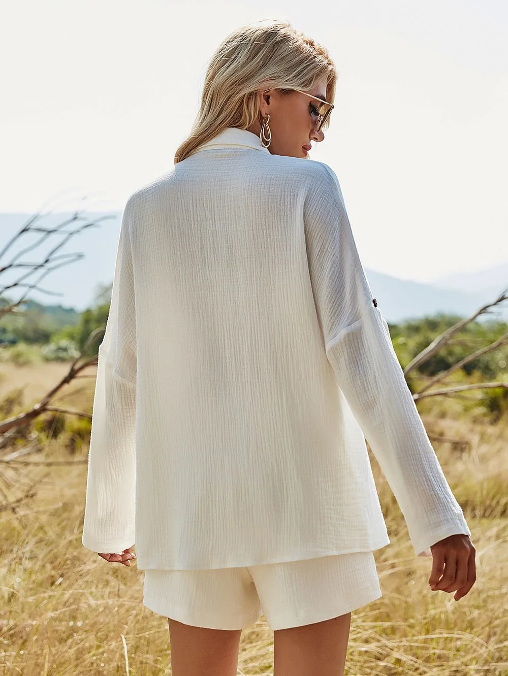 Linen Two-Piece Casual Suit with Long Sleeve Shirt & Shorts for Women