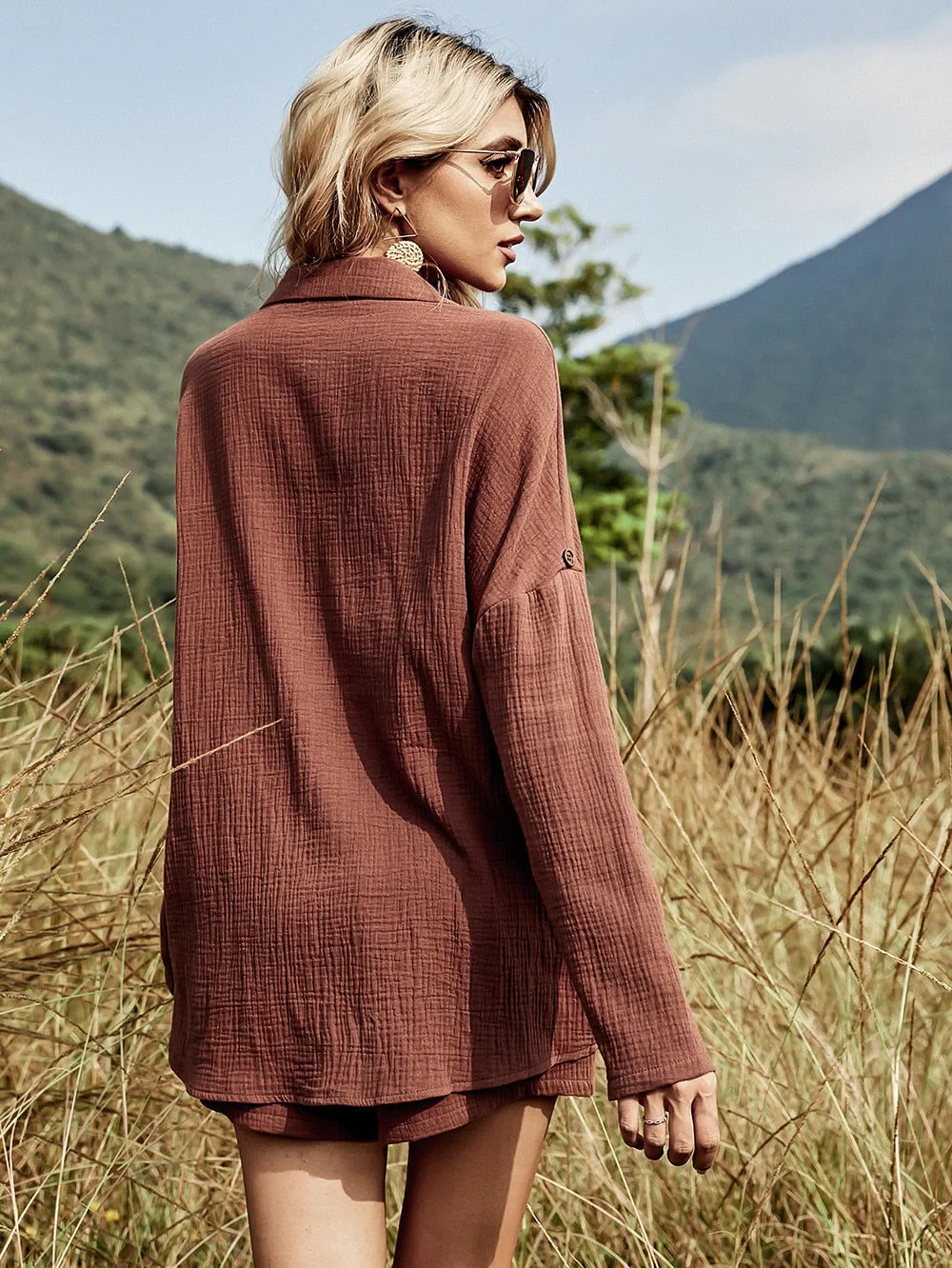 Linen Two-Piece Casual Suit with Long Sleeve Shirt & Shorts for Women