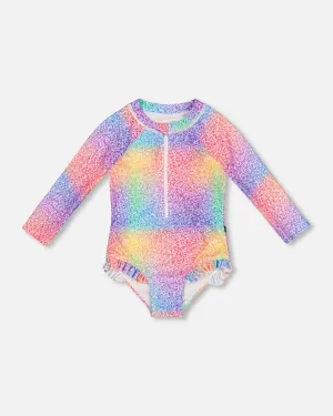 Long Sleeve One Piece Rashguard Gradient Rainbow Print