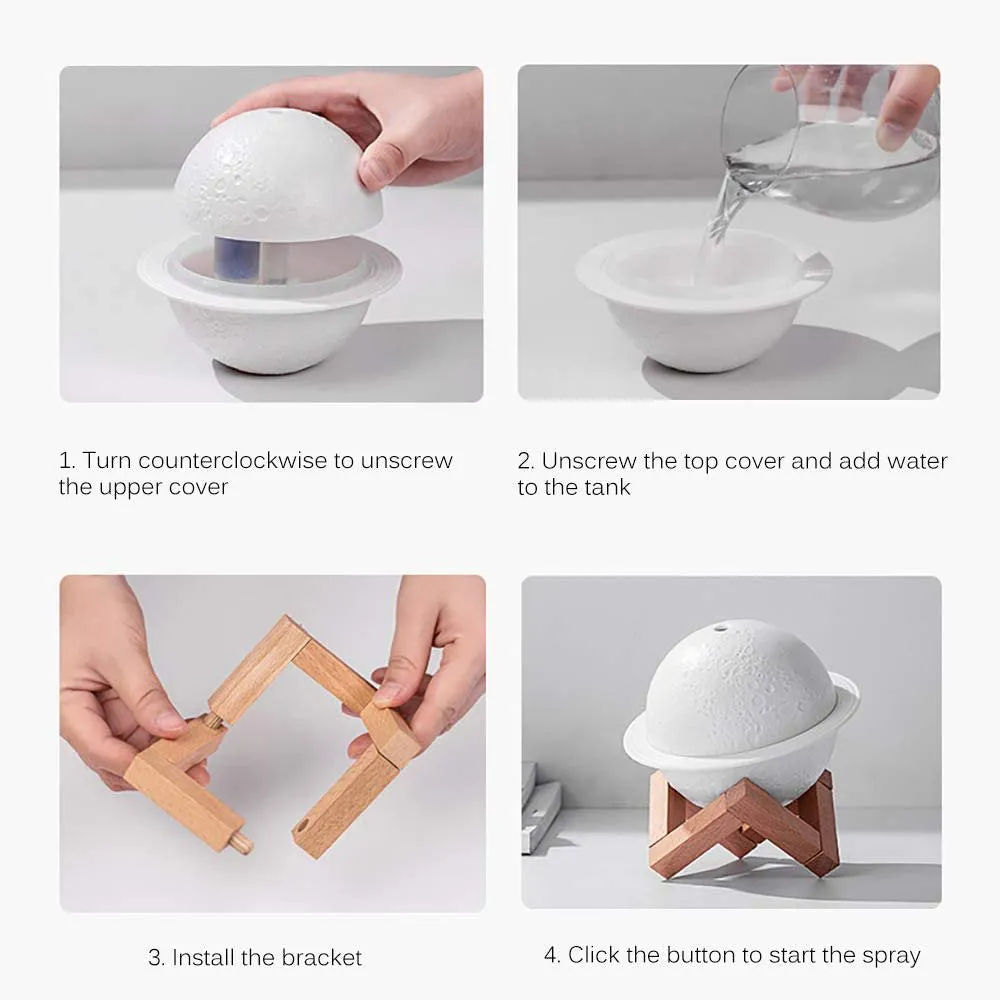 Lunar Oasis: 2-in-1 Moon Night Light & Humidifier - USB Powered, Featuring 3D LED Moon in White, Warm White, and Yellow Glow