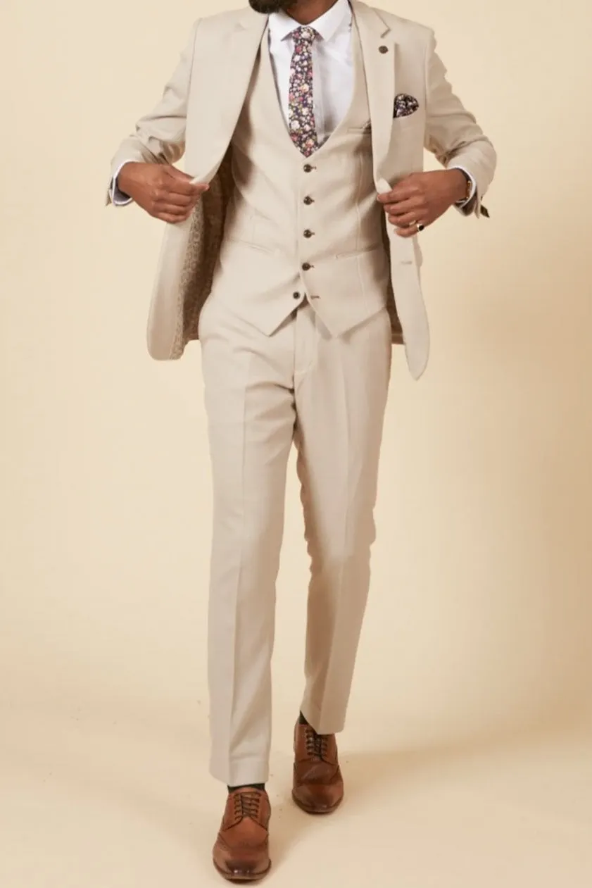 MARC DARCY HM5 Tailored Three Piece Suit - Mens Slim Fit - Stone