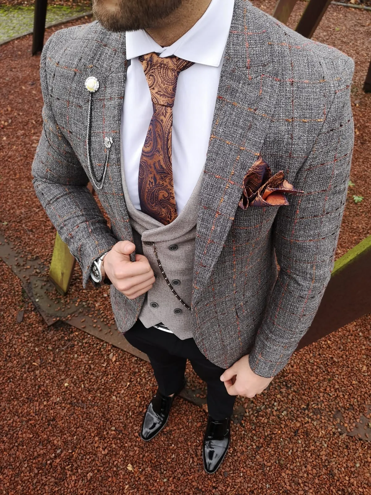 Medina - Grey/Orange 3 Piece Suit