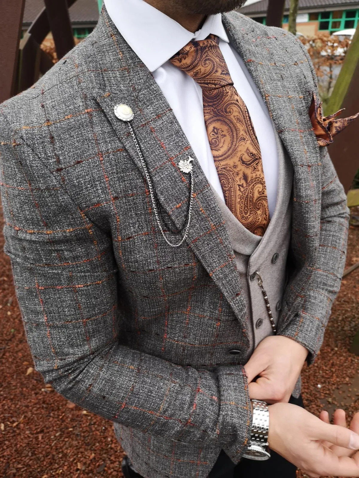 Medina - Grey/Orange 3 Piece Suit