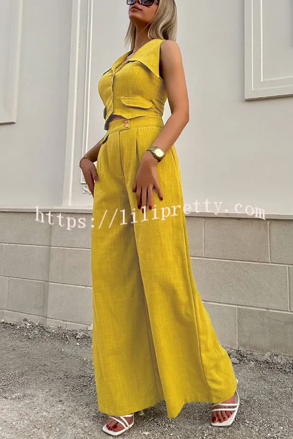 Memorable Crush Linen Blend Patchwork Vest Top and Pocket Wide Leg Pants Set