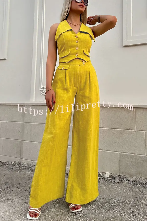 Memorable Crush Linen Blend Patchwork Vest Top and Pocket Wide Leg Pants Set
