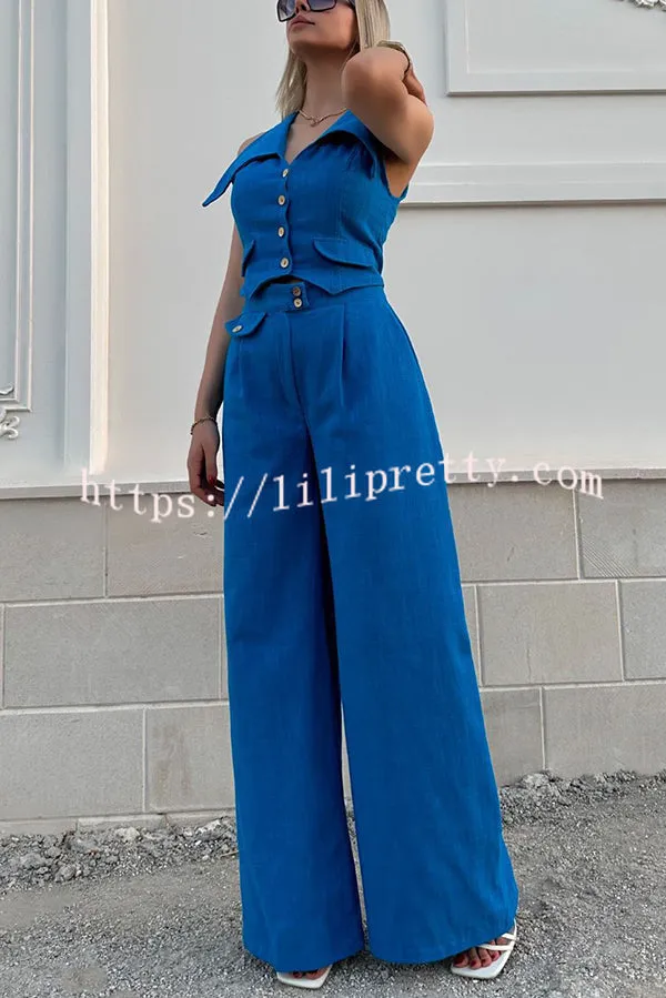 Memorable Crush Linen Blend Patchwork Vest Top and Pocket Wide Leg Pants Set