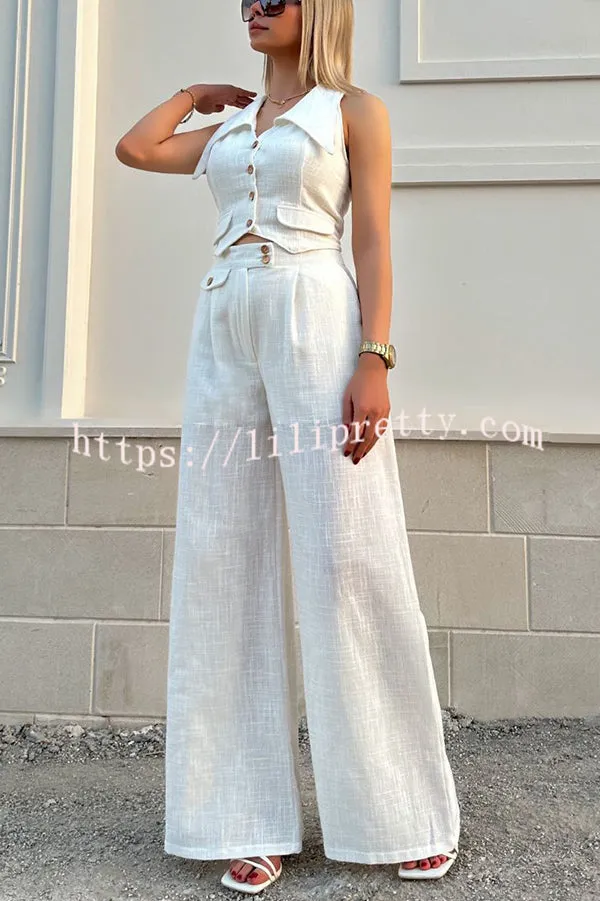 Memorable Crush Linen Blend Patchwork Vest Top and Pocket Wide Leg Pants Set