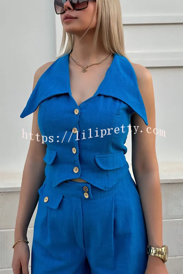Memorable Crush Linen Blend Patchwork Vest Top and Pocket Wide Leg Pants Set