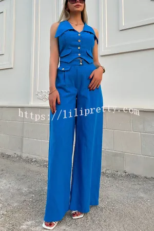 Memorable Crush Linen Blend Patchwork Vest Top and Pocket Wide Leg Pants Set