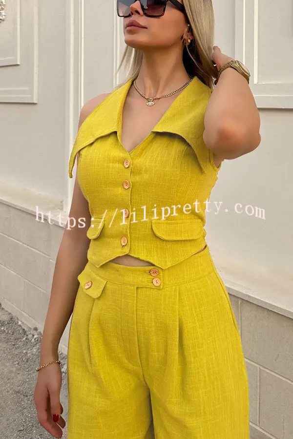 Memorable Crush Linen Blend Patchwork Vest Top and Pocket Wide Leg Pants Set