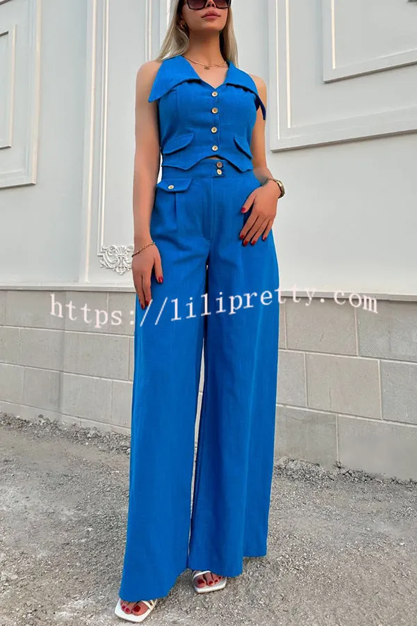 Memorable Crush Linen Blend Patchwork Vest Top and Pocket Wide Leg Pants Set