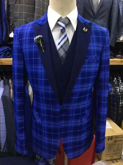 Men's 3 Piece Plaid Style Suit Up To 3XL
