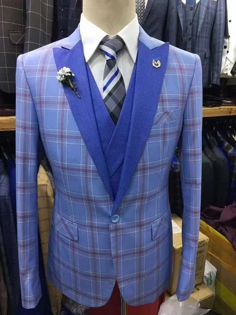 Men's 3 Piece Plaid Style Suit Up To 3XL