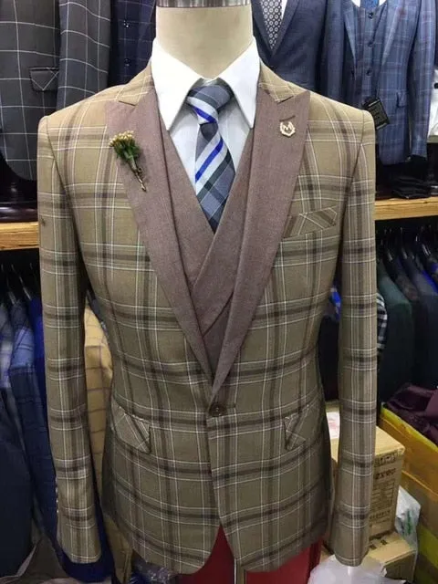 Men's 3 Piece Plaid Style Suit Up To 3XL