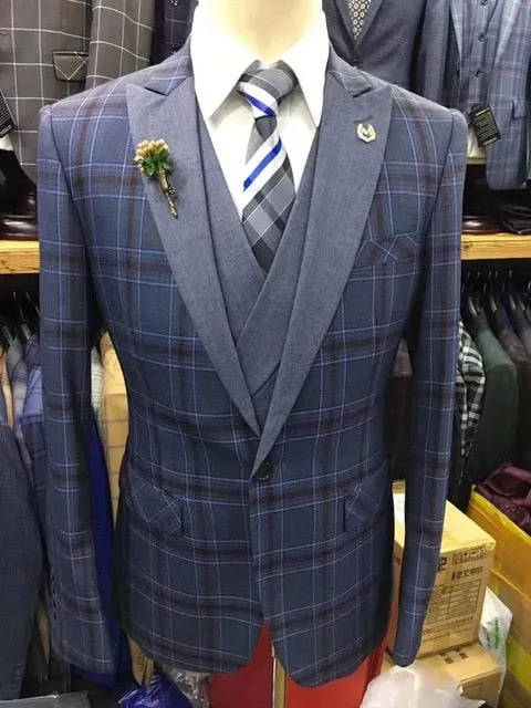 Men's 3 Piece Plaid Style Suit Up To 3XL
