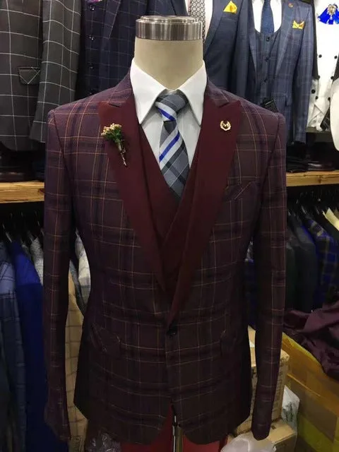 Men's 3 Piece Plaid Style Suit Up To 3XL