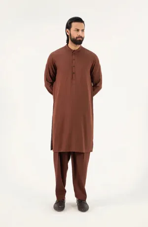 Men's Band Collar Shalwar Suit - Dark Brown