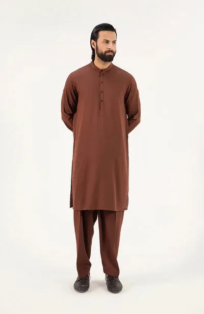 Men's Band Collar Shalwar Suit - Dark Brown