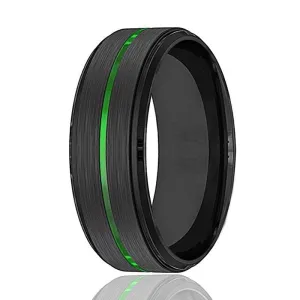 Men's Black Tungsten Carbide Wedding Ring with Acid Green Grooved Center 8mm