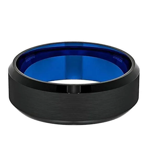 Men's Black Tungsten Wedding Band With Beveled Edges and Blue Inside - 8 mm