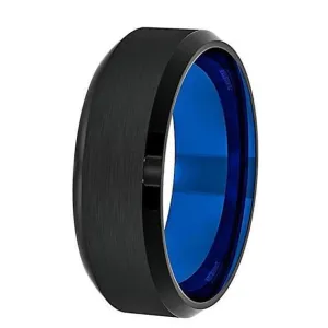 Men's Black Tungsten Wedding Band With Beveled Edges and Blue Inside - 8 mm