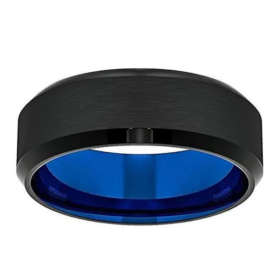 Men's Black Tungsten Wedding Band With Beveled Edges and Blue Inside - 8 mm