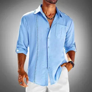 Men’s Embroidered Long Sleeve Linen Cuban Shirt