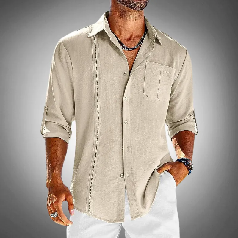 Men’s Embroidered Long Sleeve Linen Cuban Shirt