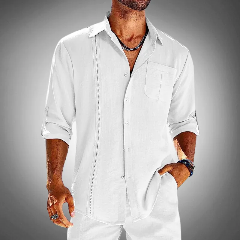 Men’s Embroidered Long Sleeve Linen Cuban Shirt