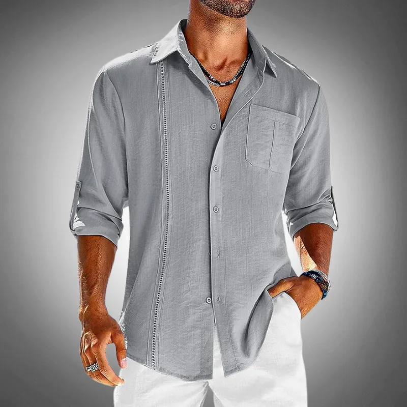 Men’s Embroidered Long Sleeve Linen Cuban Shirt