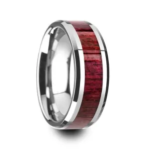 Men's Purpleheart Wood Inlaid Tungsten Wedding Band With Beveled Edges 8mm