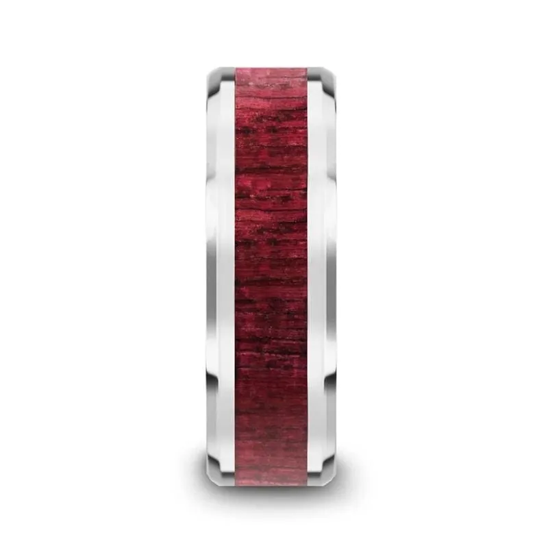 Men's Purpleheart Wood Inlaid Tungsten Wedding Band With Beveled Edges 8mm