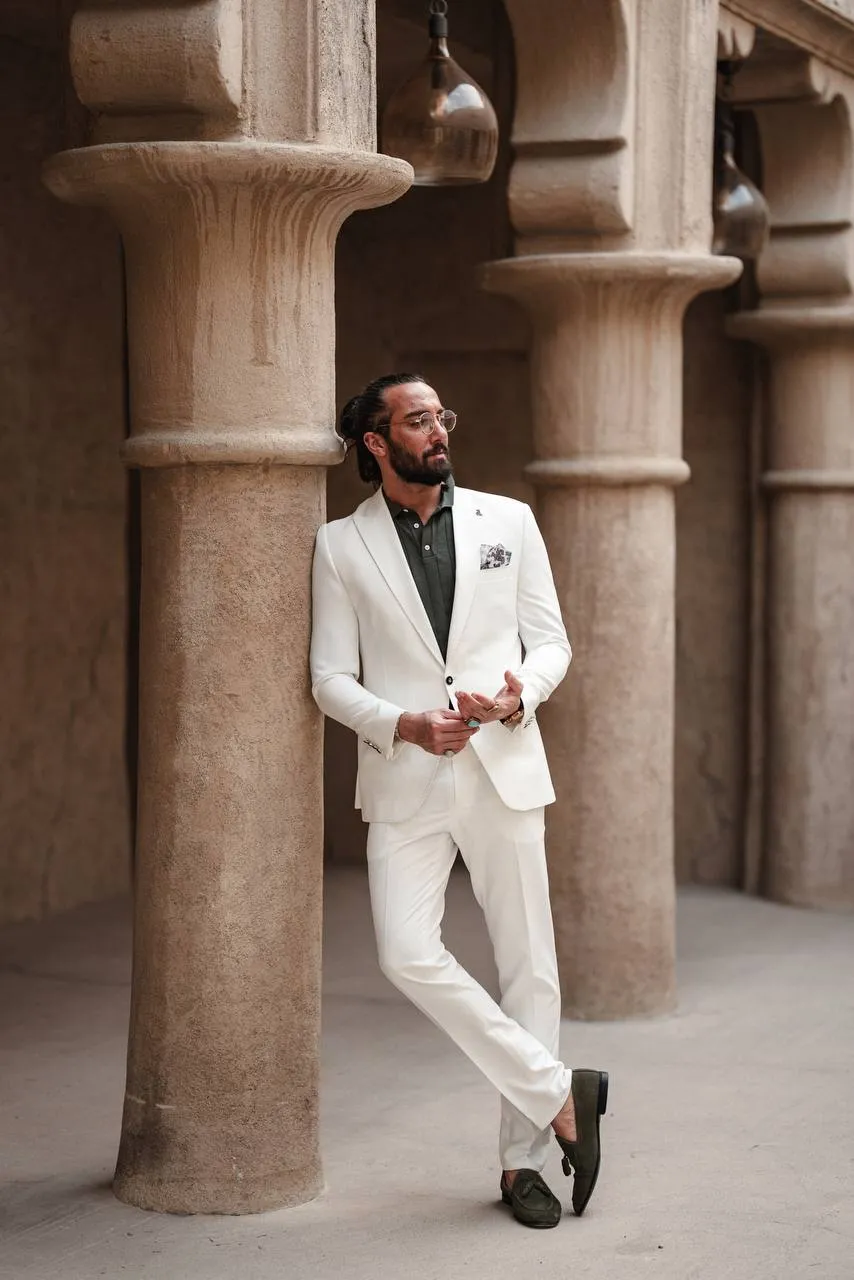 Men's White Mono Collar Slim Fit Suit
