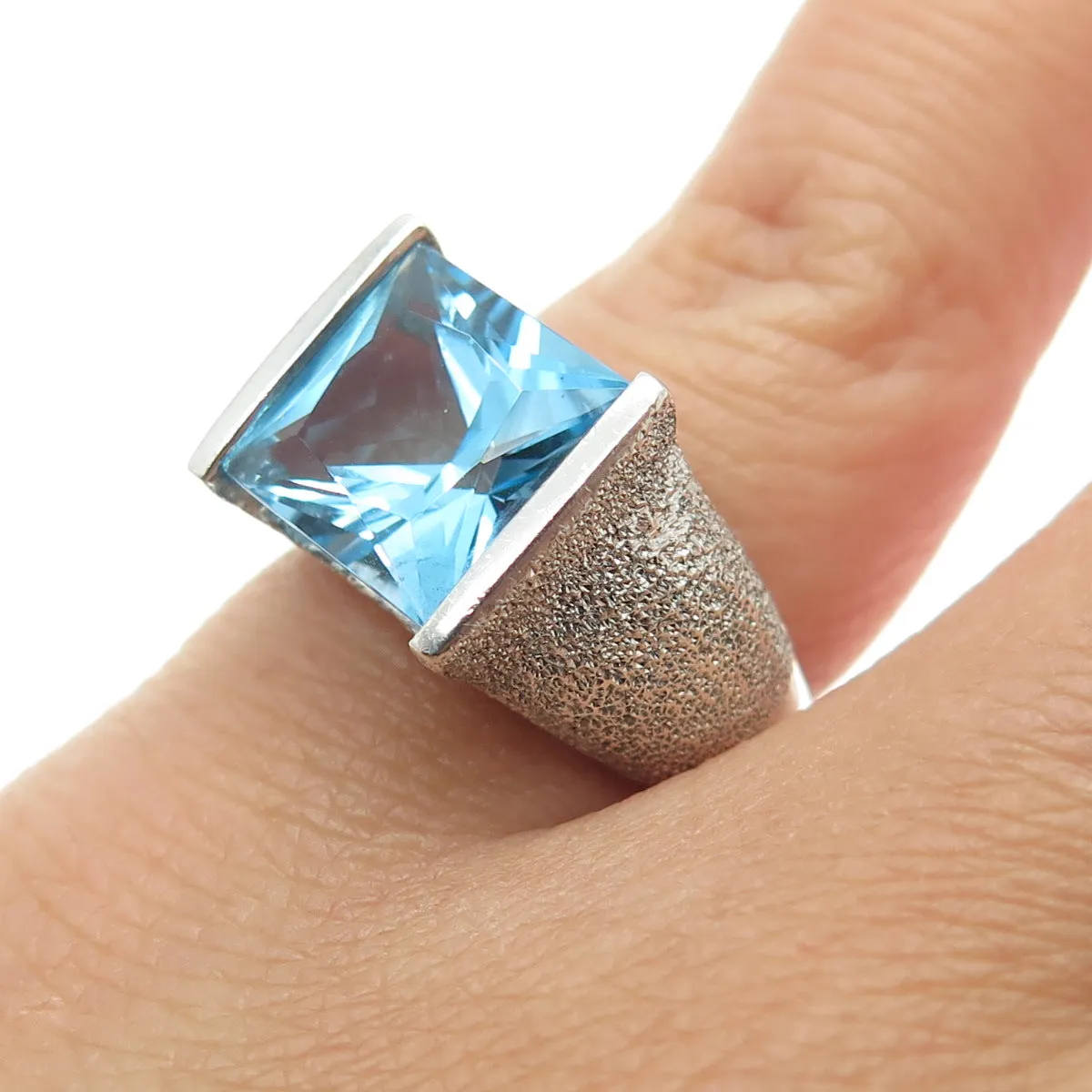 MICHELLE ALBALA Sterling Silver Vintage Real Princess-Cut Blue Topaz Ring Size 6