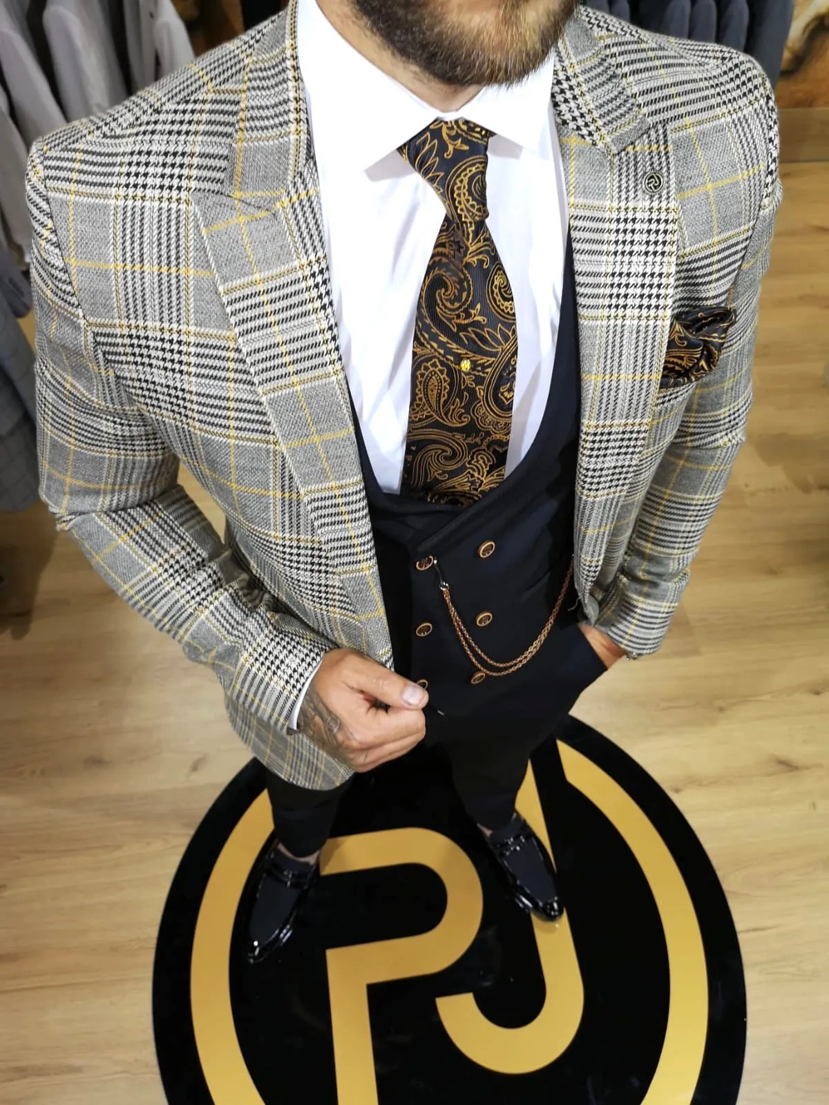 Morteza - Yellow/Grey/Black 3 Piece Suit