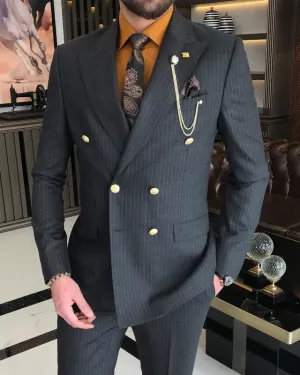 New Arrival Black Striped Double Breasted Slim Fit Business Men Suits