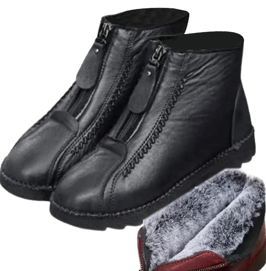 NEW Retails $81, HOPHO Retro Soft Leather Velvet Women's Winter Mama Shoes with Zipper, Waterproof Thick Plush Warm Snow Boots, Black, Sz 41 (10)