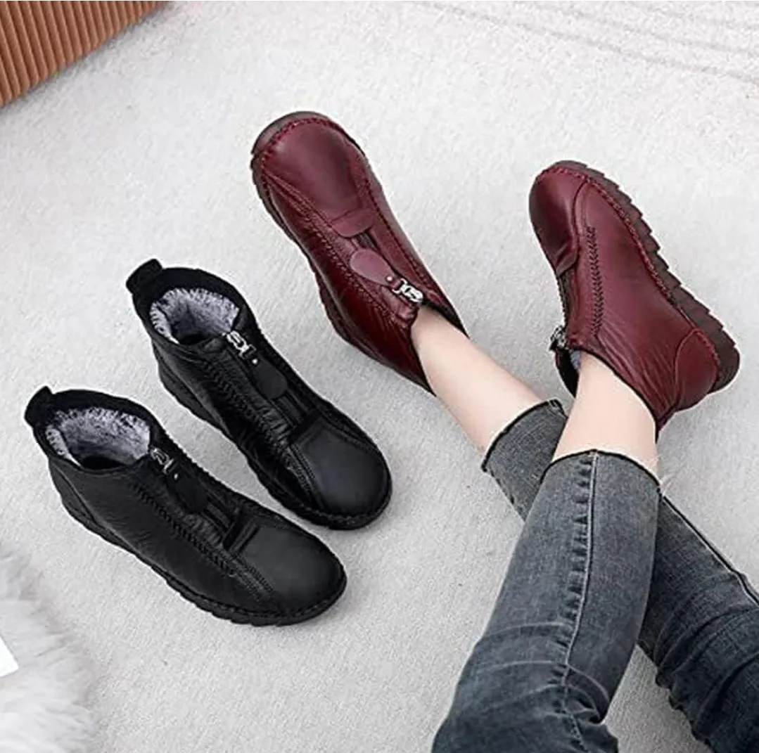 NEW Retails $81, HOPHO Retro Soft Leather Velvet Women's Winter Mama Shoes with Zipper, Waterproof Thick Plush Warm Snow Boots, Black, Sz 41 (10)