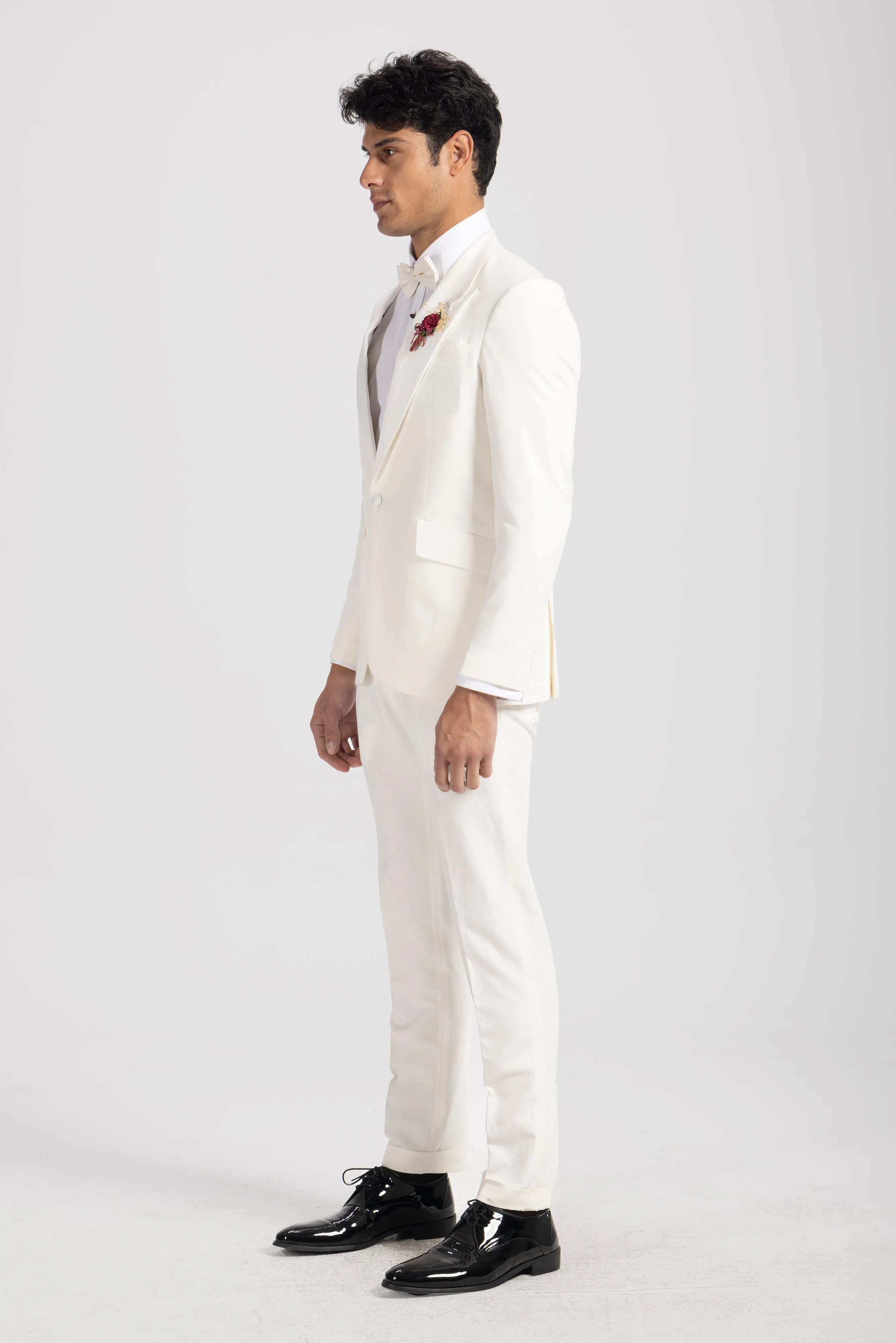 Off-White Linen Tuxedo Suit For Daytime Wedding Party-Turkish Made