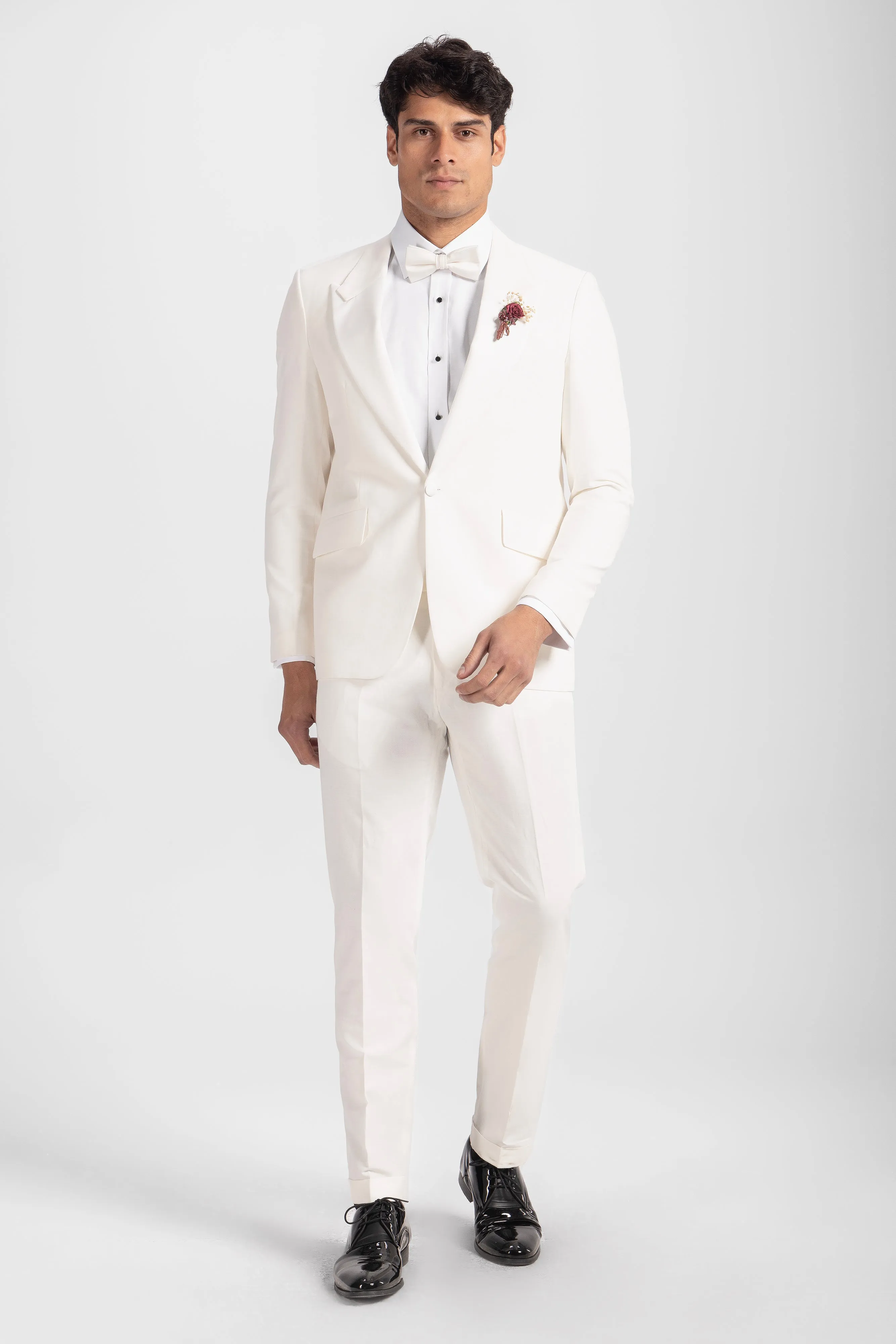 Off-White Linen Tuxedo Suit For Daytime Wedding Party-Turkish Made
