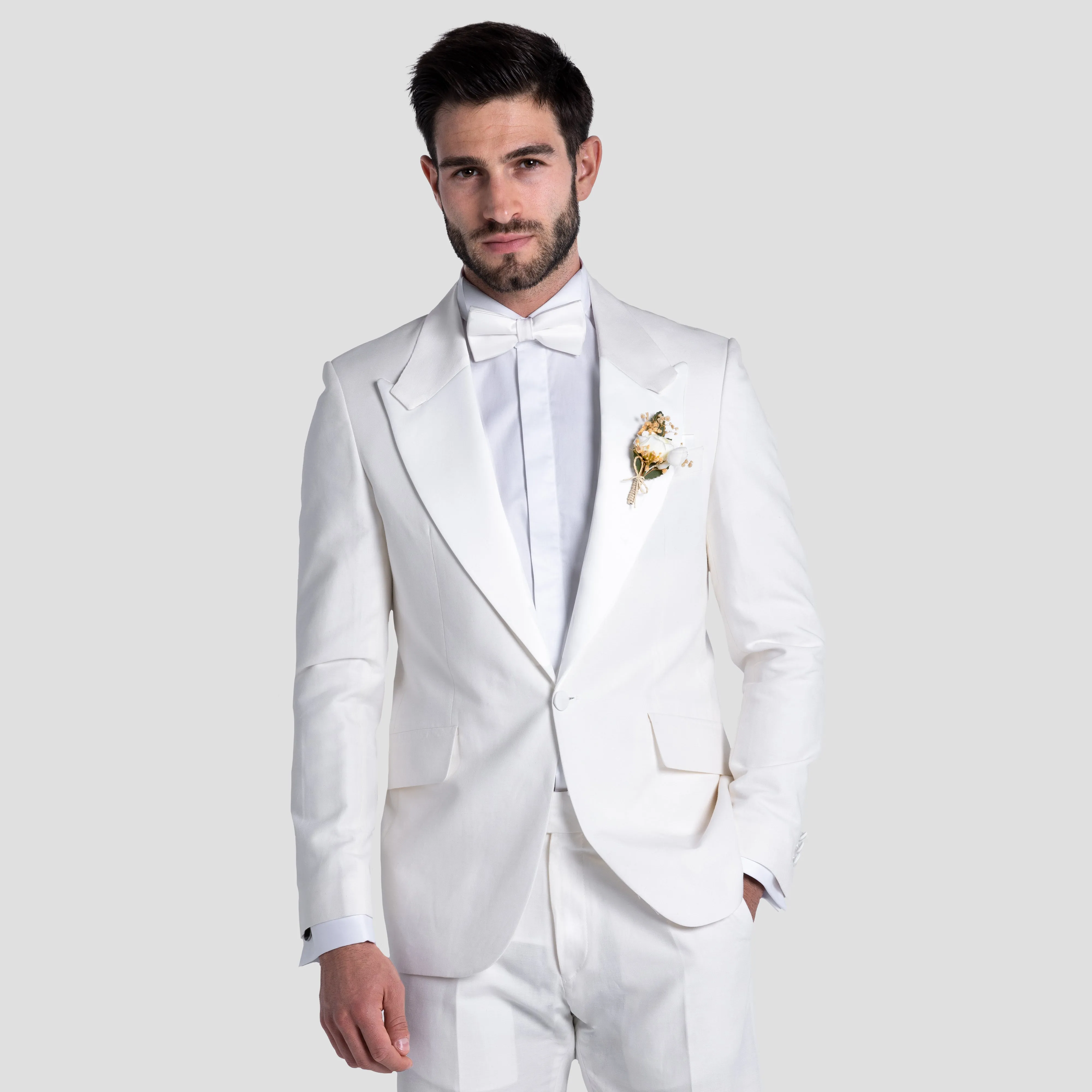Off-White Linen Tuxedo Suit For Daytime Wedding Party-Turkish Made