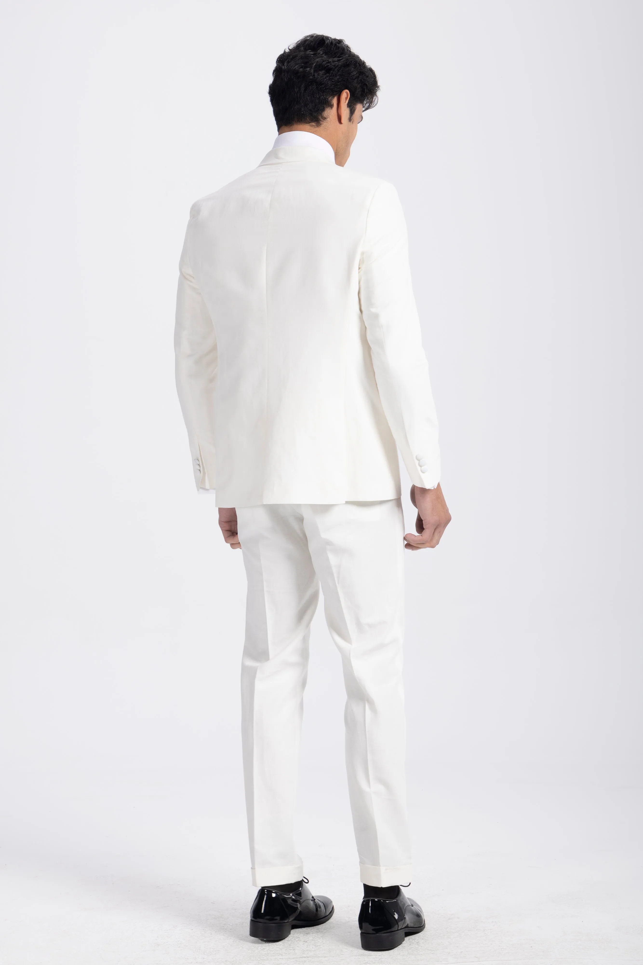 Off-White Linen Tuxedo Suit For Daytime Wedding Party-Turkish Made