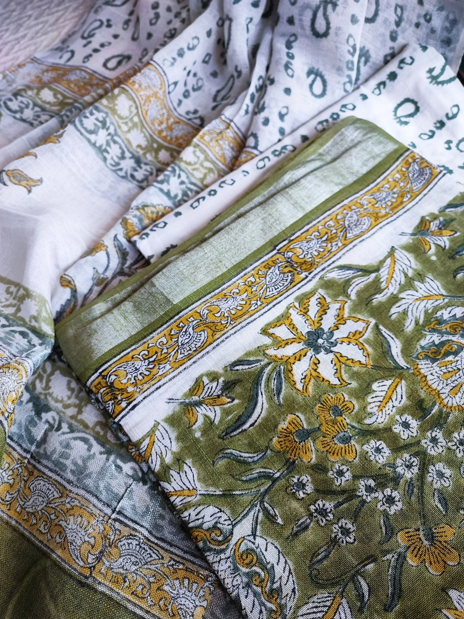 Olive Green & Yellow Handblock Print Cotton Linen Suit Set