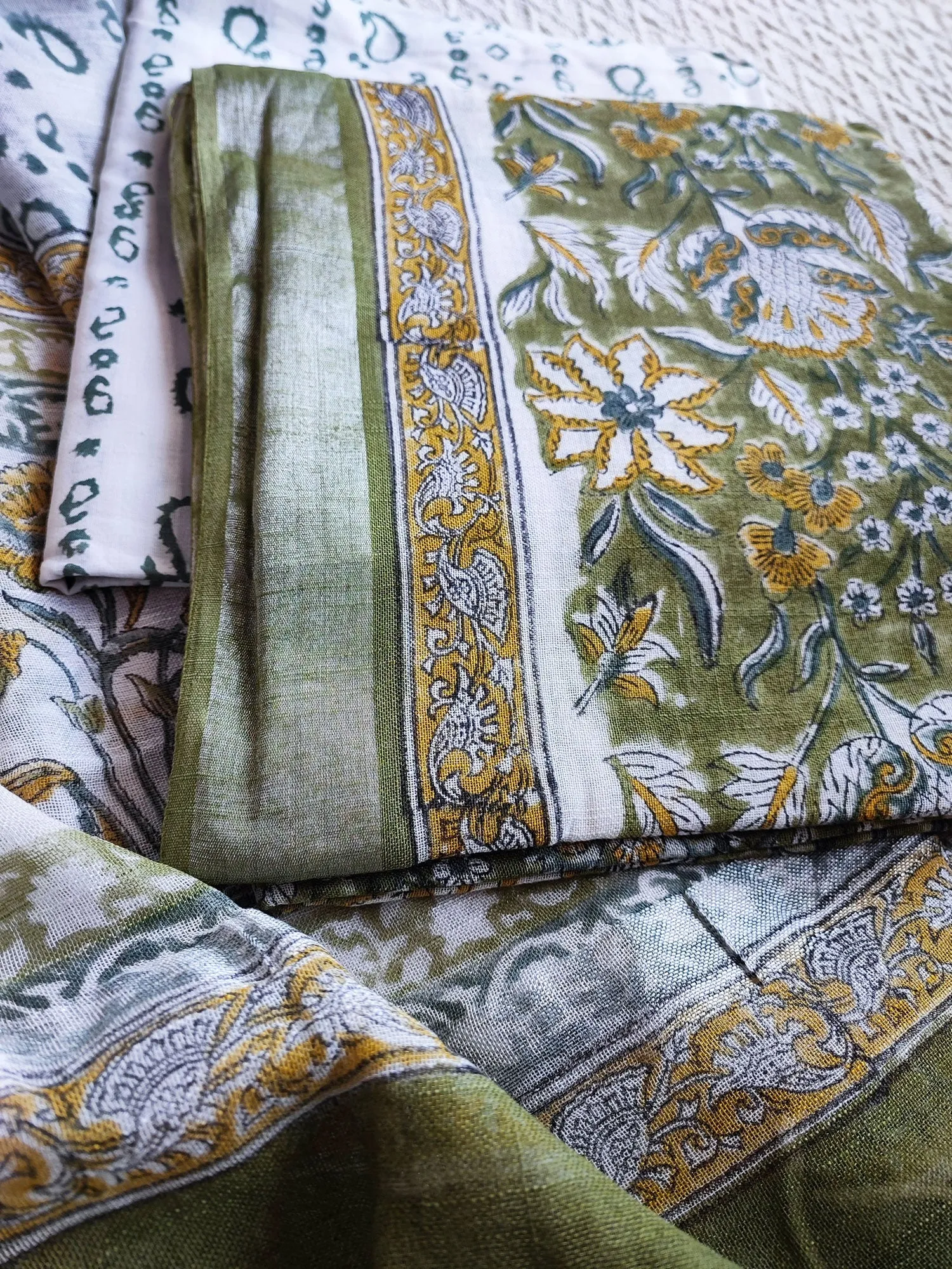 Olive Green & Yellow Handblock Print Cotton Linen Suit Set