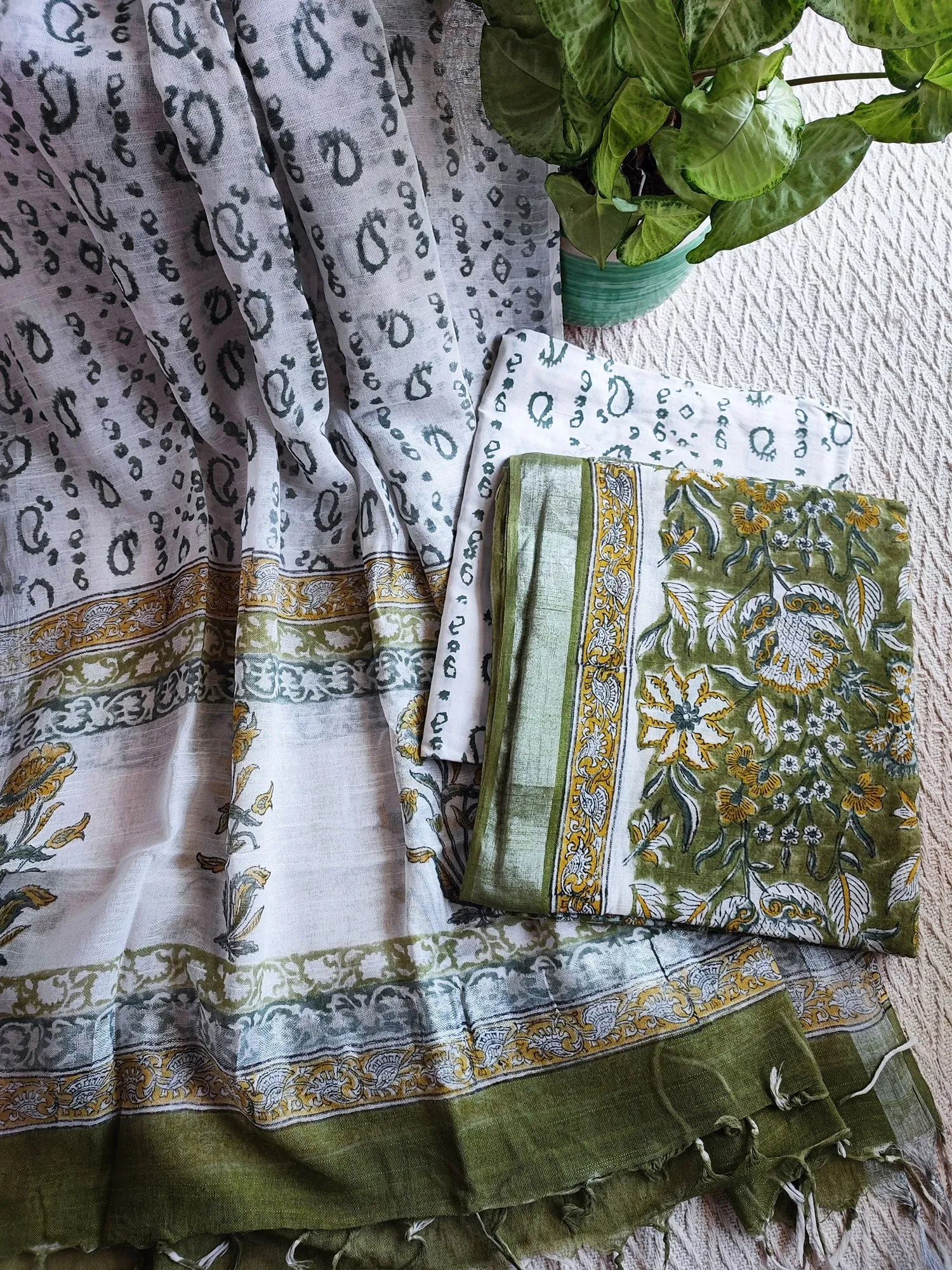 Olive Green & Yellow Handblock Print Cotton Linen Suit Set