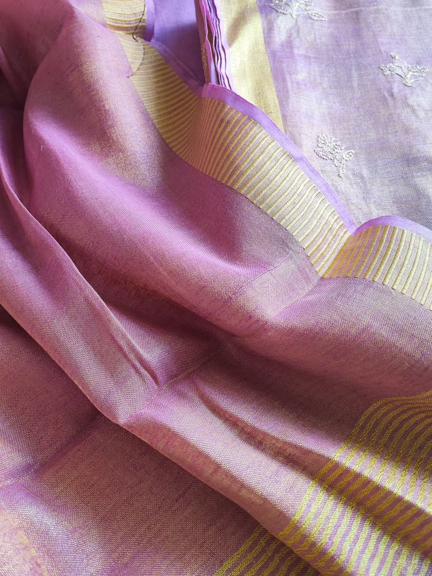 Pink & Lavender Handloom Soft Tissue Linen Suit With Resham Embroided Shirt & Zari Border Dupatta