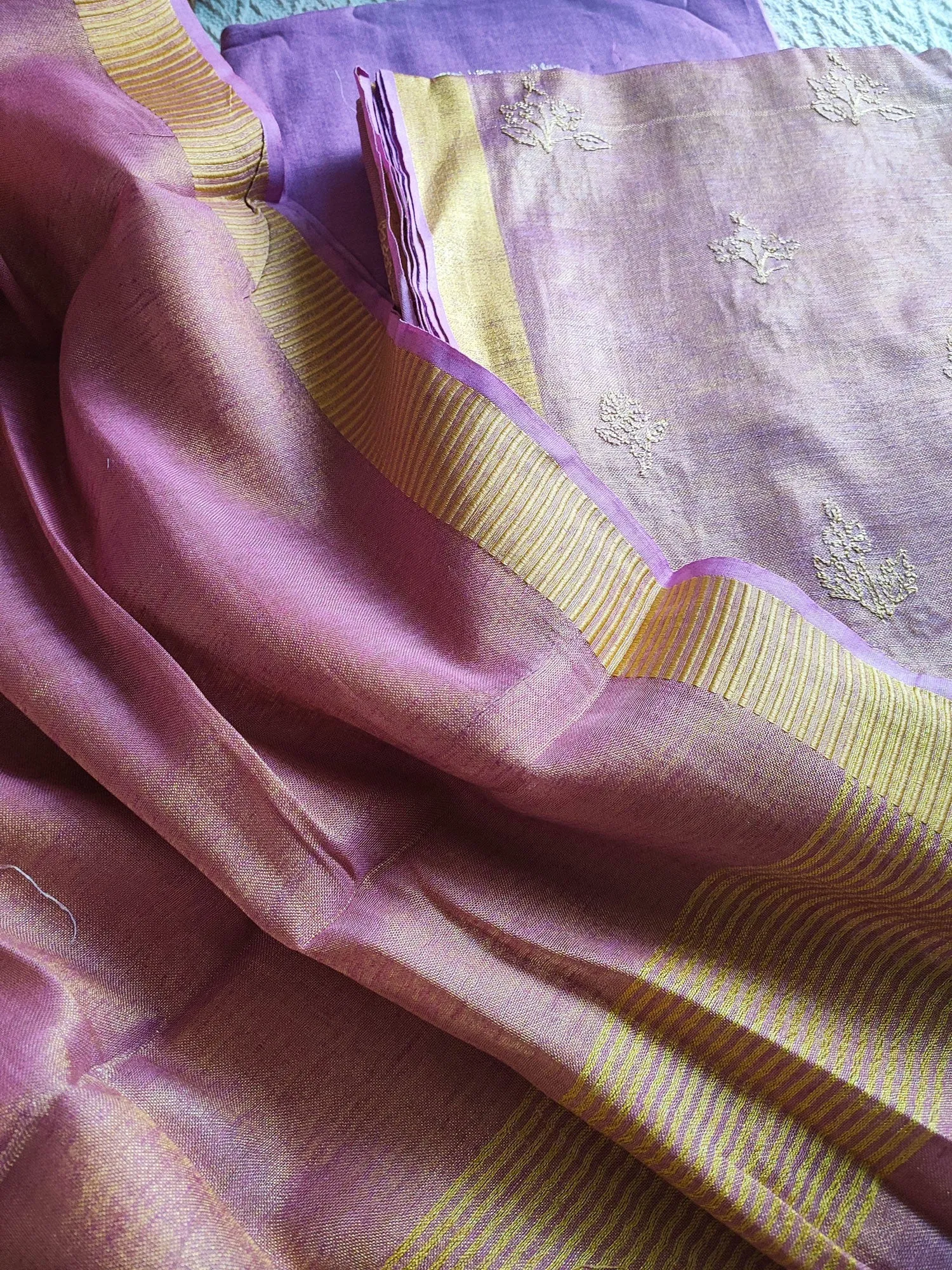 Pink & Lavender Handloom Soft Tissue Linen Suit With Resham Embroided Shirt & Zari Border Dupatta