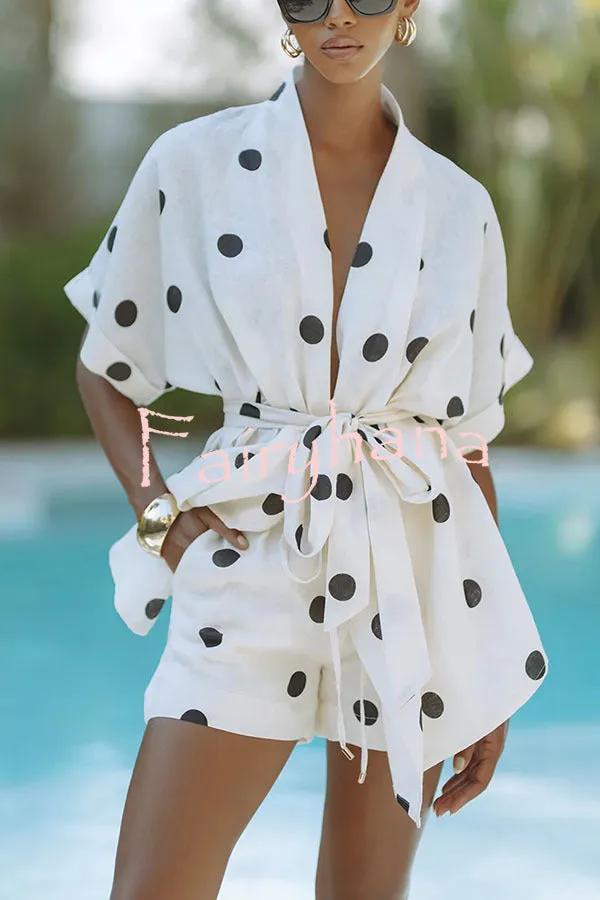 Playful Linen Blend Polka Dot Tie-up Kimono Top and Elastic Waist Pocket Shorts Set