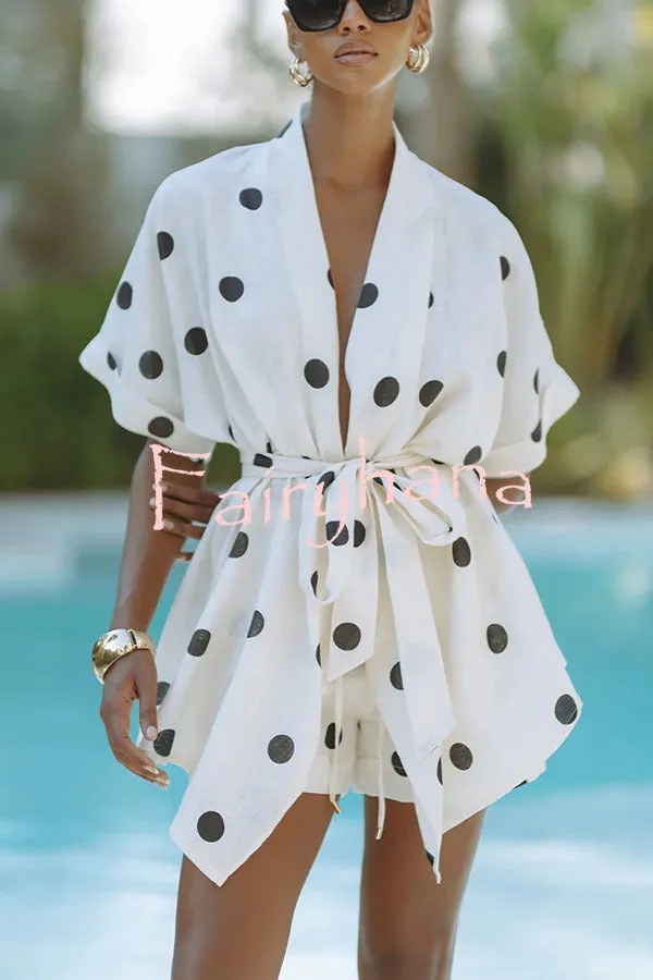 Playful Linen Blend Polka Dot Tie-up Kimono Top and Elastic Waist Pocket Shorts Set